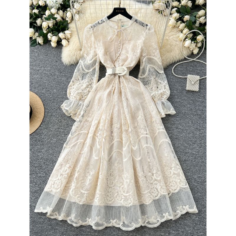 French Style Elegant Dress Women Spring High-Grade Heavy Embroidery Mesh Waist Hugging Slimming Puffy Fairy Long Skirt