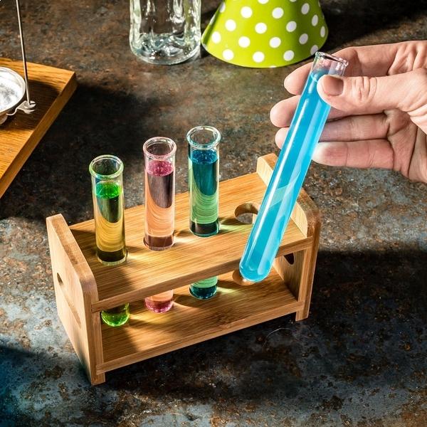 Set de 4 Tubes à Essai Shooters et Support Bois