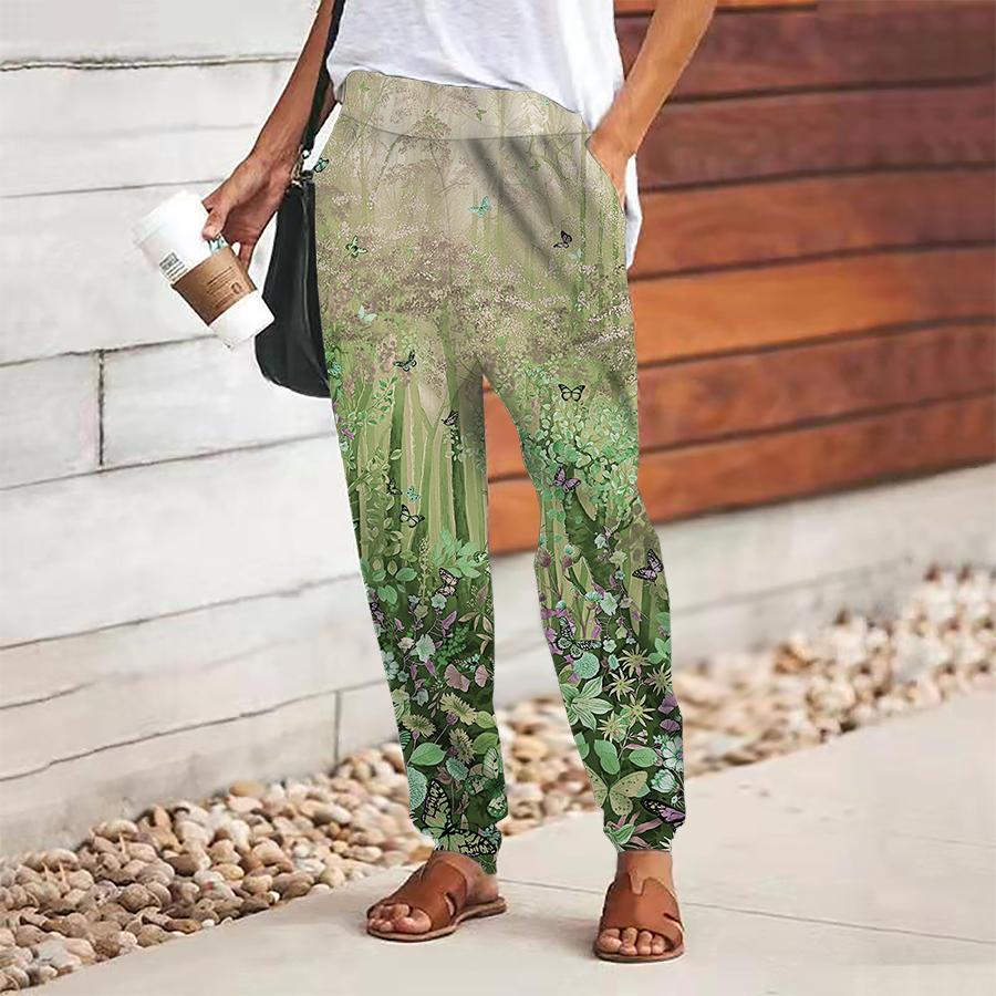 Женские брюки с лесным принтом на шнуровке, с эластичной талией, свободные брюки, повседневные длинные брюки, брюки с карманами