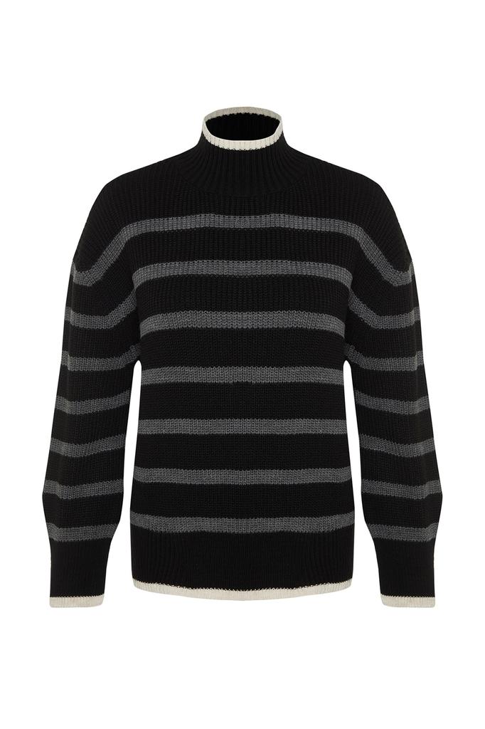 Женский модный новый свитер, черный вязаный свитер в полоску с широким узором