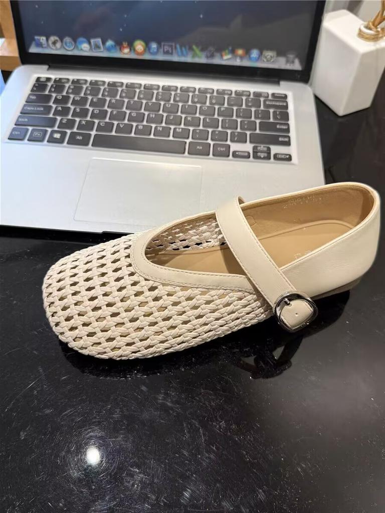 Туфли-балетки женские 2025 новые с ремешком из крючкованной сетки, с круглым носком и плоской подошвой, плетеные мэри джейн