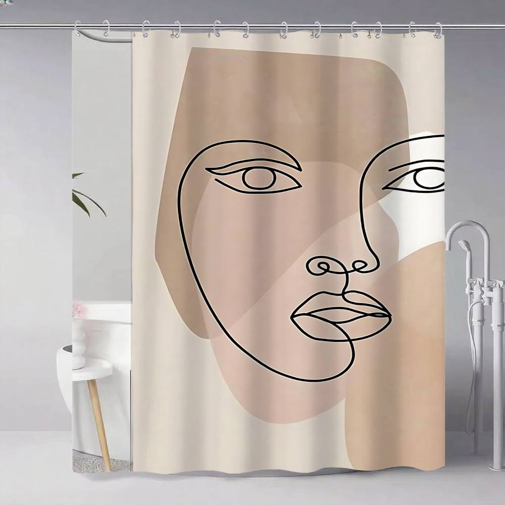 Contemporary Abstract Line Drawing Art Bathroom Curtain Classic Fabric Shower Curtain With 12 Hooks Waterproof Bathroom Decor