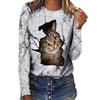 Spring and Autumn Round Neck 3D Cat Printed Top Fashionable Casual Long Sleeved Women's T-shirts