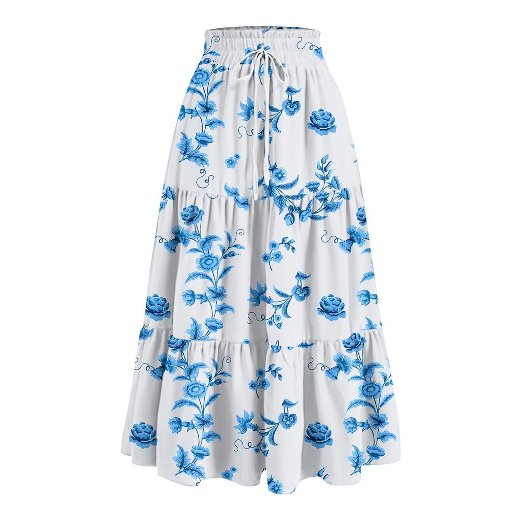Women's Ruffled Spring Casual Long Skirt Plain Color Skirt Retro Pleated Skirt