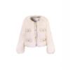 Womens Faux Fur Short Coat In Chic Tweed Style Round Neck Long Sleeve Winter Outerwear