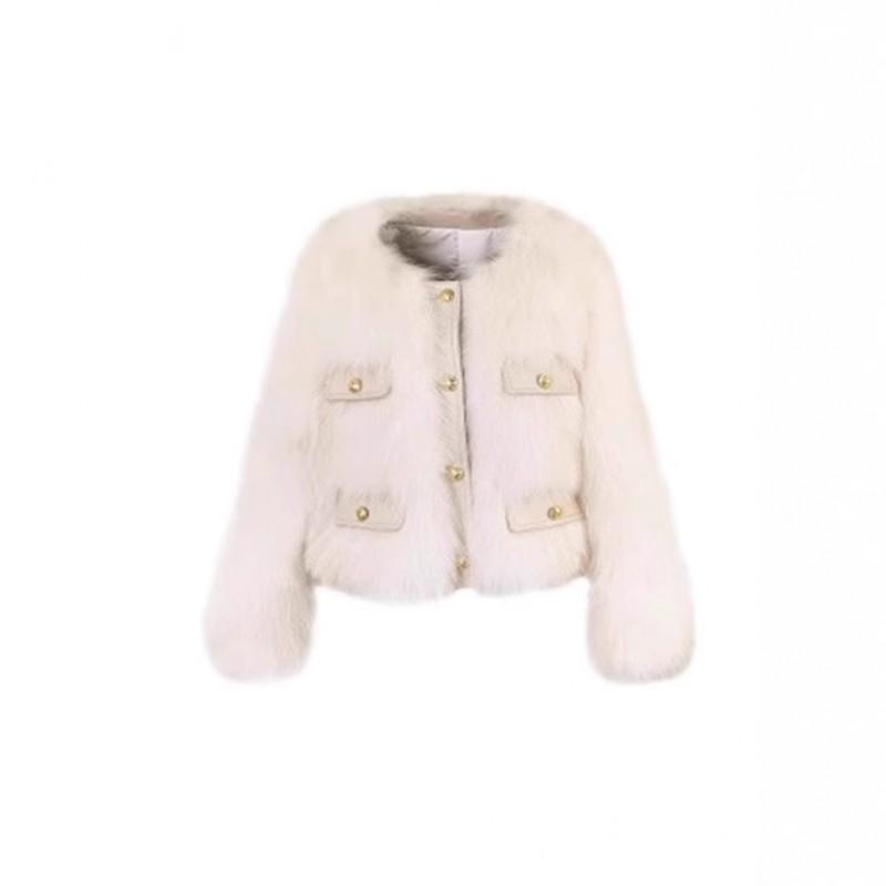 Womens Faux Fur Short Coat In Chic Tweed Style Round Neck Long Sleeve Winter Outerwear
