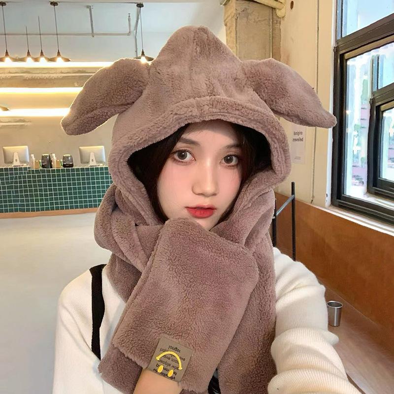 Autumn and Winter Hats for Women Cute Rabbit Ear Scarf Integrated Warm Plush Gloves Three Piece Set Korean Style Versatile Scarf
