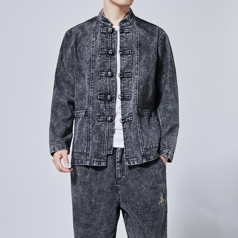 Комплект из вареного денима с воротником-стойкой, мужской, шинуазри, молодежный, повседневный, уличная одежда, танчжуан, мужская джинсовая куртка и джинсы