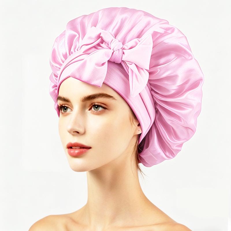 Silky Satin Sleep Cap with Tie-Up Ribbon for Women - Hair Care Hat