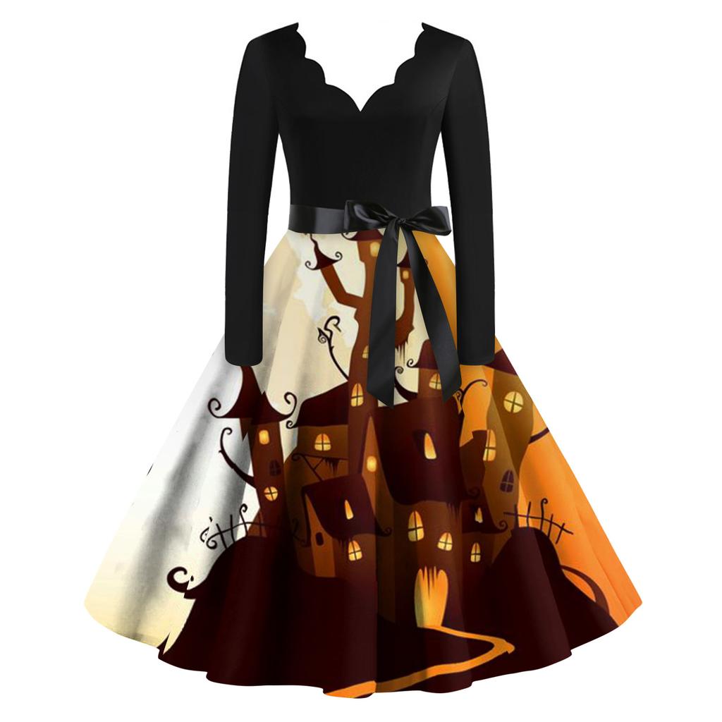 Женское винтажное классическое платье с вырезом на талии и галстуком-бабочкой с длинными рукавами на Хэллоуин с принтом и V-образным вырезом, свободное платье