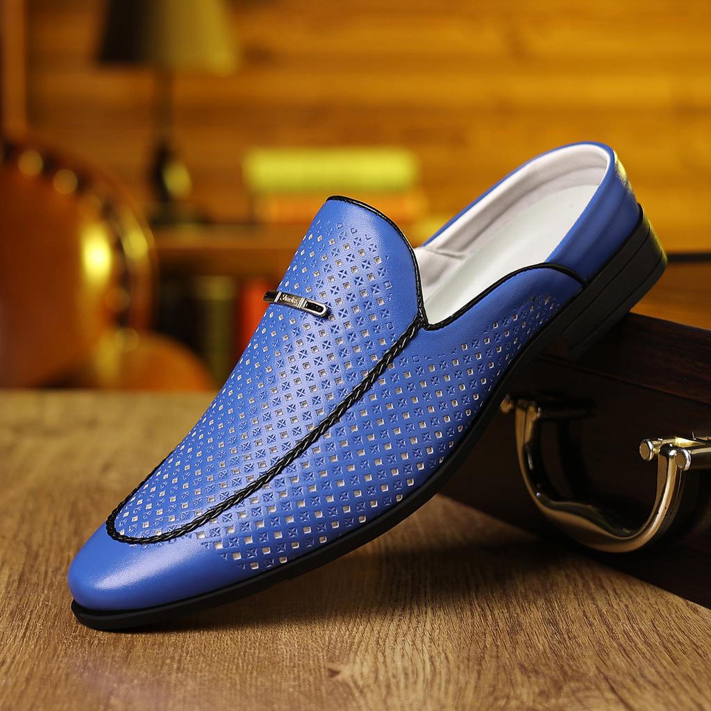New Men's Blue Yellow Red Half Slippers Leather Shoes Male Casual Mules Moccasins Breathable Loafers Zapatos Hombre
