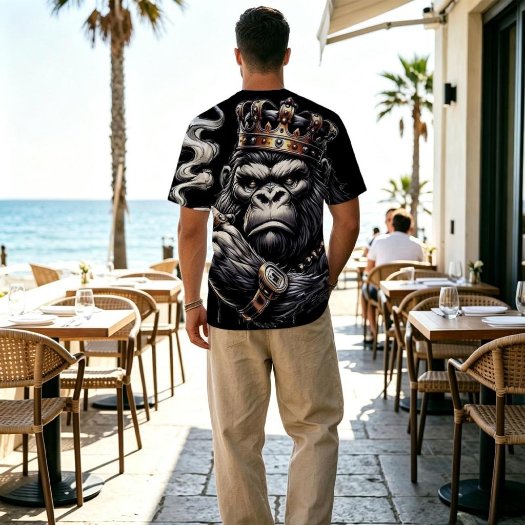 Men's Royal King Gorilla with Crown Crew Neck T‑Shirt, Noble Urban Street Style Ape Graphic Casual Short Sleeve Tee
