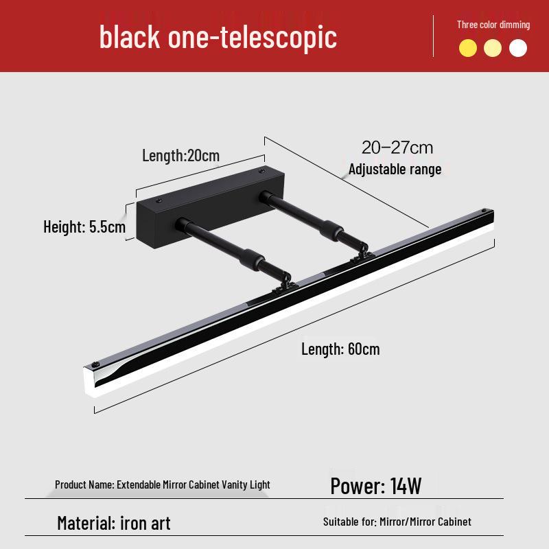 LED Vanity Light: No-Drill, Extendable Mirror Cabinet, Tri-Color, Nordic Minimalist Style.