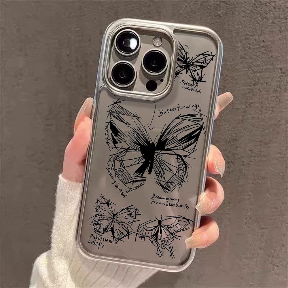 INS Ink Butterfly Pattern Electroplated Phone Case For iPhone 17 16 15 14 13 12 11 Pro Max Plus XS 17 Air Shockproof Clear Cover