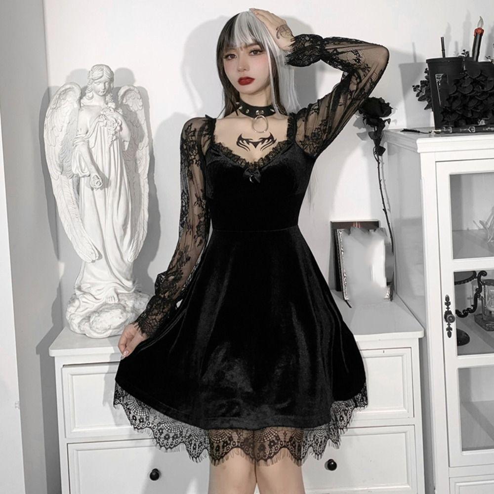 Прозрачное готическое платье для женщин Y2k пэчворк бархатная юбка А-силуэта лето