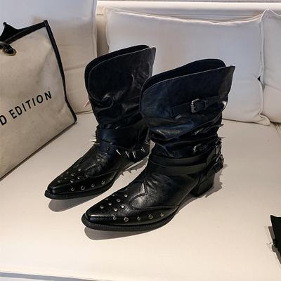 Женские Однотонные Ботильоны на Высоком Каблуке Четыре Сезона Острый Носок Рукав Заклепка Металлическая Пряжка Противоскользящие Износостойкие Ботинки до Середины Икры