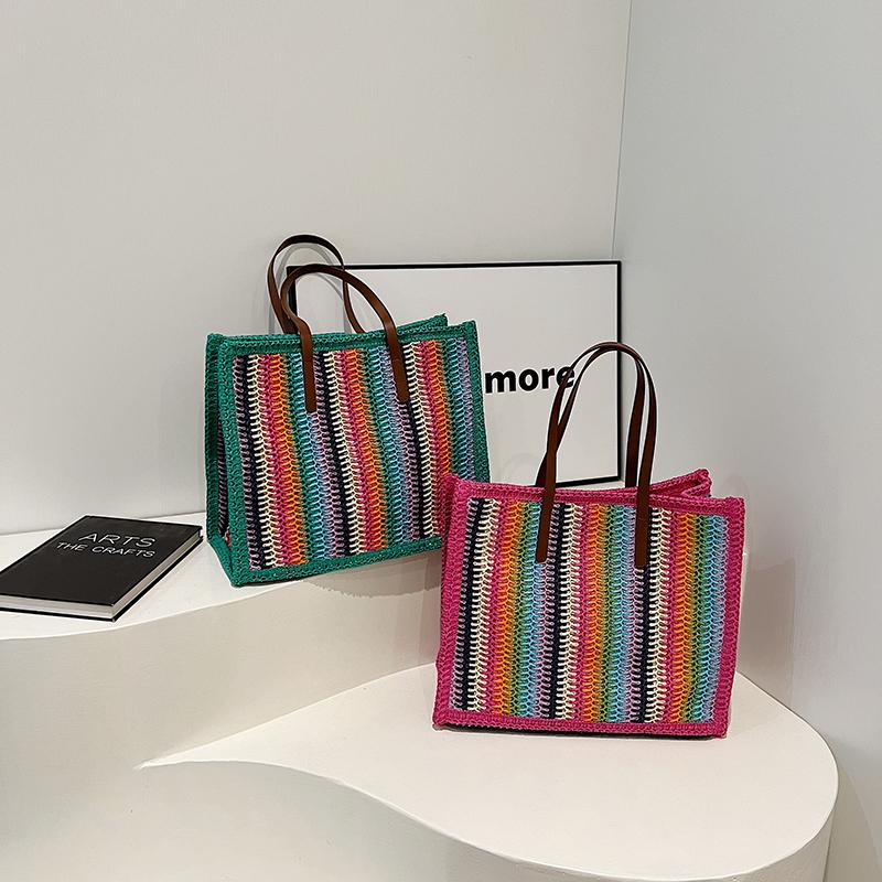 Stripe Big Straw Tote Bags for Women 2024 Summer Fashion Summer Shoulder Bags Handbags and Purses Weave Beach Bag