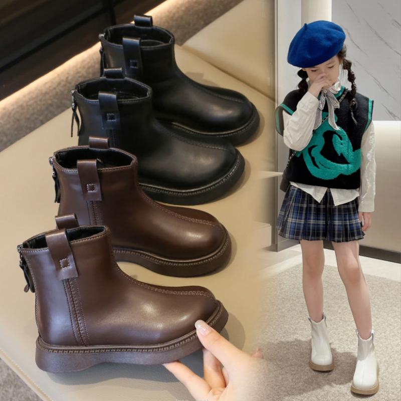 Модные детские зимние сапоги 2024 года, осень-зима, новые, для девочек, водонепроницаемые, нескользящие, ботильоны, детские, на молнии, кожаные туфли для вечеринок 23-36