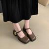 Autumn Casual Women Fashion Square Toe Close Toe Ankel Strap Mules Ladies Elegant Mary Jane Ballet Shoes Mid Heel Dress Pumps