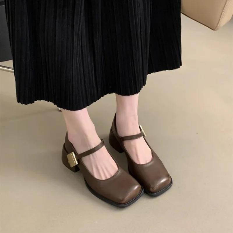 Autumn Casual Women Fashion Square Toe Close Toe Ankel Strap Mules Ladies Elegant Mary Jane Ballet Shoes Mid Heel Dress Pumps