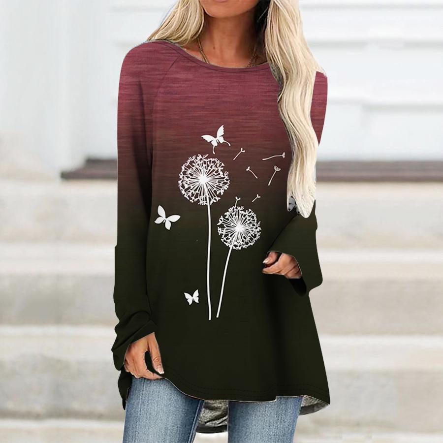 Новые футболки с длинными рукавами и 3D принтом «Одуванчик и бабочка», женская модная футболка большого размера с цветочным принтом, уличная одежда, футболки для девочек, топы
