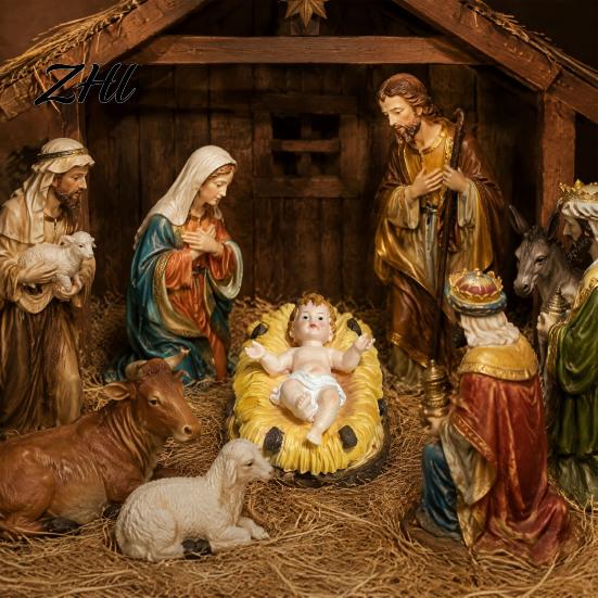 Catholic Church Decoration Items Baby Jesus in Manger Statue, Easter Figurines Small Nativity Resin Holy Family Decor Sculpture, Hand-Painted