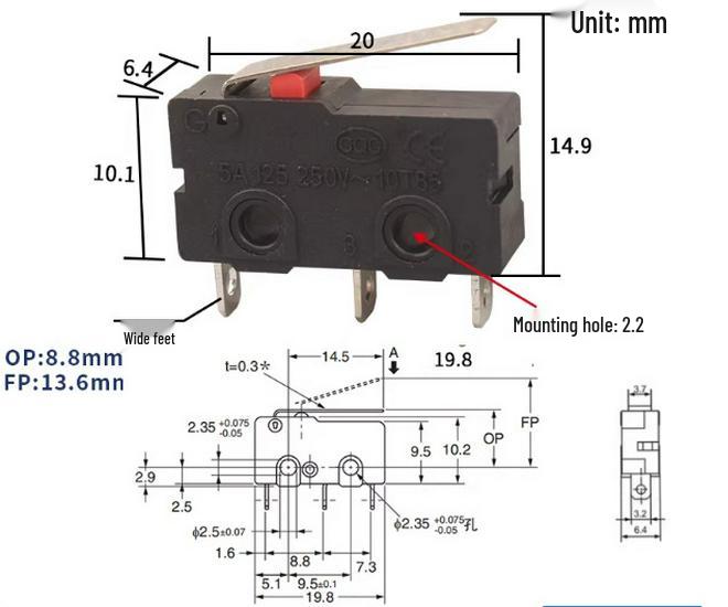KW12 Micro Tripod Lever Switch, 5A/250V, KW11-3Z, Travel Limit Contact Button.