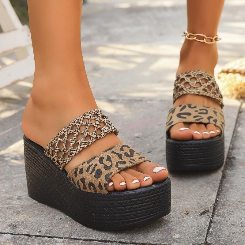 Женские клиновые шлепанцы на высоком каблуке с открытым носком, леопардовые сандалии на платформе, женские летние шлепанцы на толстой подошве, женская обувь Zapatillas Mujer