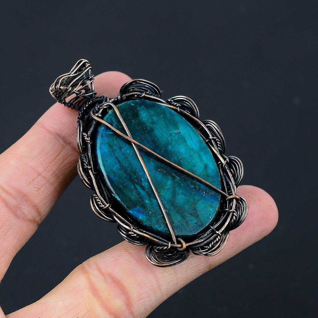 Синий вспышка лабрадорит драгоценный камень медная проволока обертывание ручной работы дизайнер кулон ювелирные изделия подарок