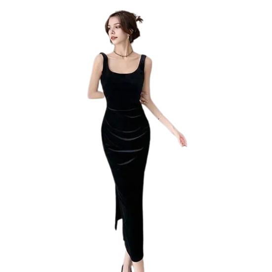 Summer Women Evening Dress Sleeveless Slim Fit Backless Pure Color Split Hem Velvet U-shaped Neck Prom Cocktail Party Midi Dress
