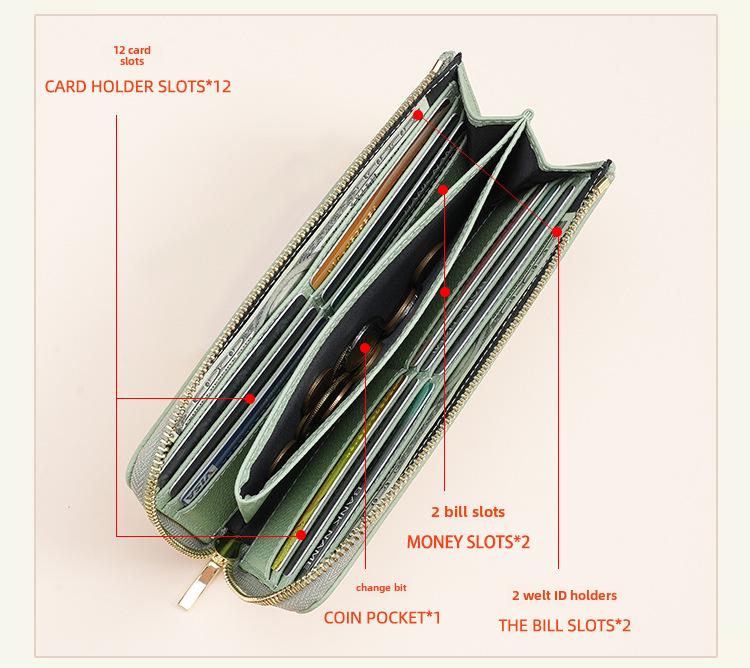 Женский кошелек из натуральной кожи с защитой от кражи RFID на молнии — длинный, модный, карманный дизайн с отделением для телефона и мелочи