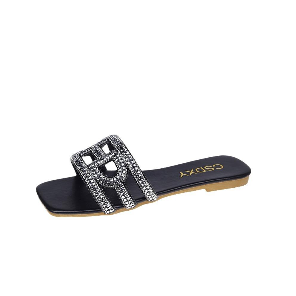 Стразы шлепанцы на плоской подошве женские квадратный носок один педаль домашние тапочки внешняя торговля большой размер FlatSlippers