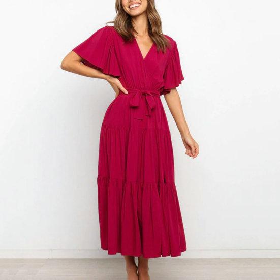 Женское летнее платье миди с v-образным вырезом и короткими рукавами, пояс с высокой талией и рюшами, однотонное платье трапециевидной формы, уличная одежда