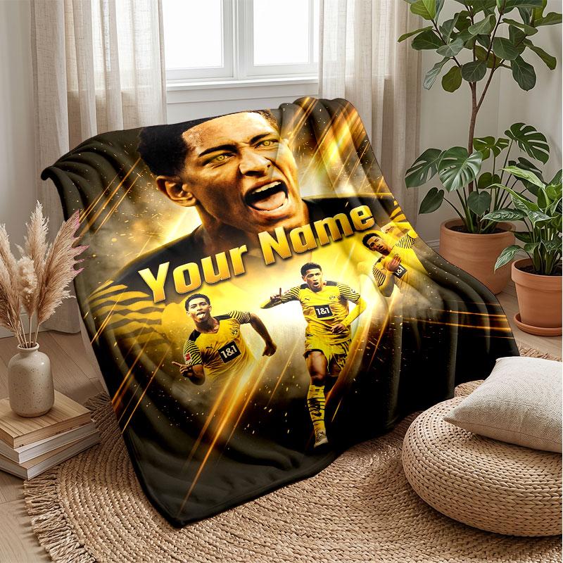 Jude Bellingham Custom Name Text Flannel Blanket Soccer Logo Personalized Fleece Throw Blanket Special Gift For Sofa Bedroom Home
