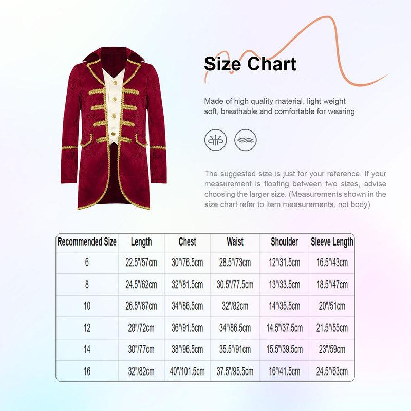 Boys Medieval Victorian Tailcoat Halloween Steampunk Gothic Uniform Coat Long Sleeves Gold Trimming Fake 2 in 1 Jacket Outwear