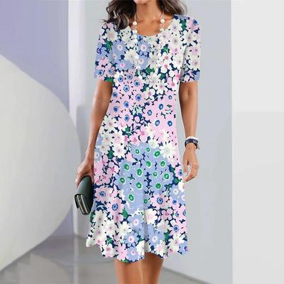 Модное женское свободное платье-трапеция с принтом цветов и растений, коротким рукавом и принтом листьев