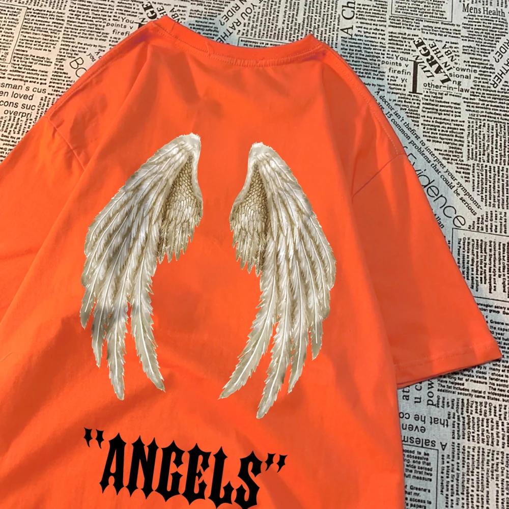 Мужская футболка свободного кроя в стиле хип-хоп с изображением крыльев ангела - летняя повседневная одежда из хлопка для пар