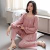 Women's Autumn Long Sleeve Cotton Pajama Set with Chest Pad - Loose Fit, Solid Color for Middle-Aged and Young