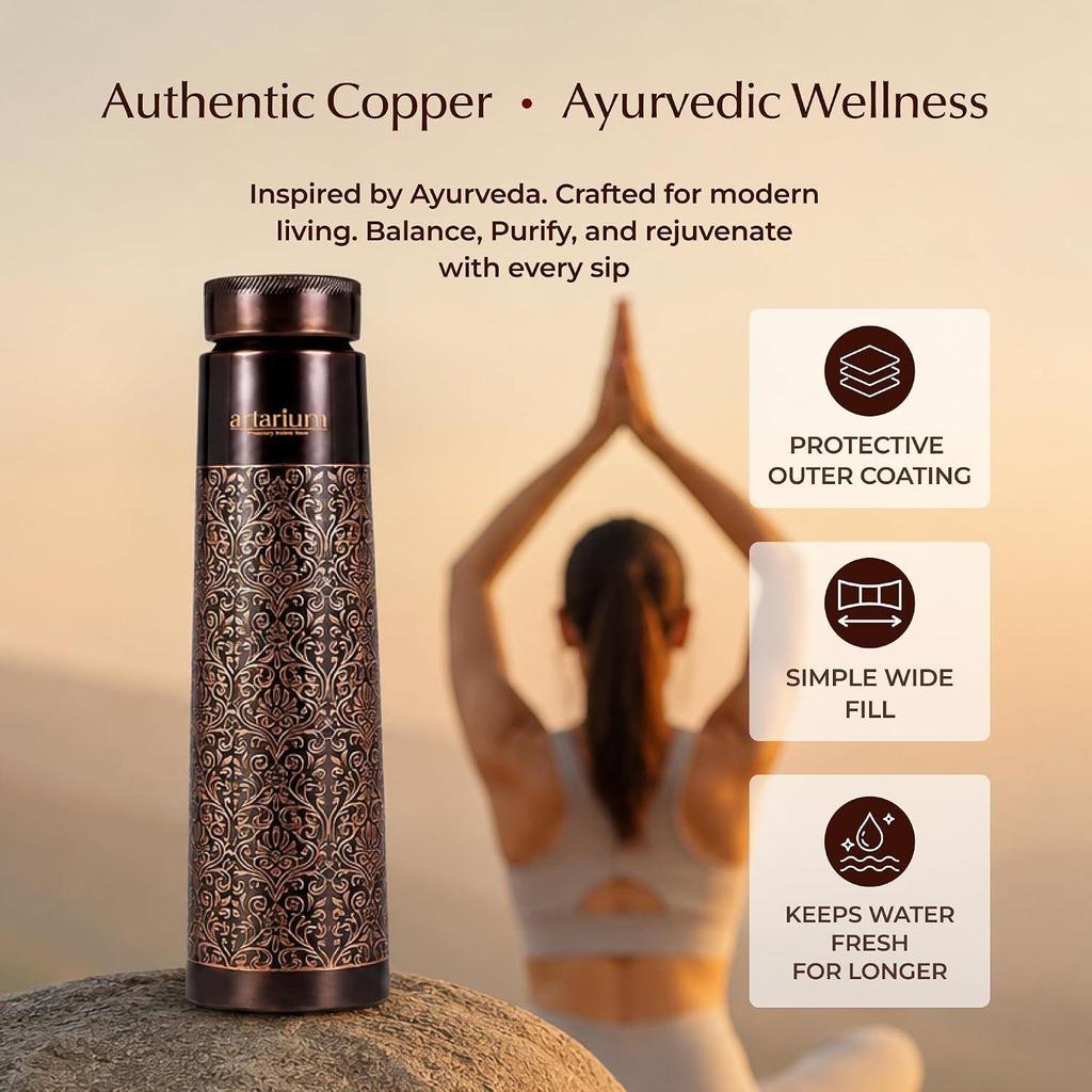 Copper Water Bottle 1 Litre Antique Etching Leak Proof Ayurveda Inspired
