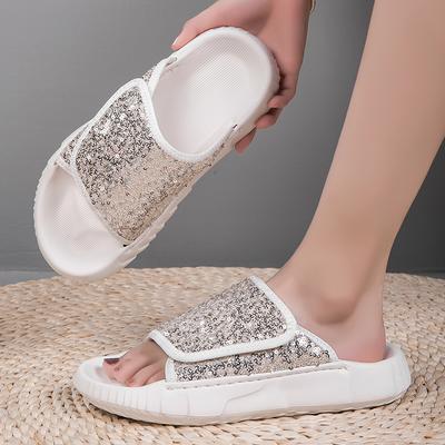Летние тапочки с кристаллами, женские сандалии на плоской подошве, женские тапочки, женские туфли с круглым носком, блестящие