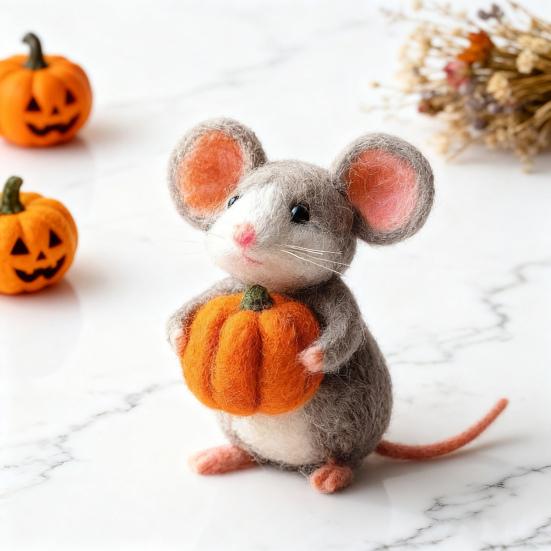 Halloween Felt Mouse Accessories Handmade Animals Statue with Pumpkin Decoration Table Shelf Desk Ornament