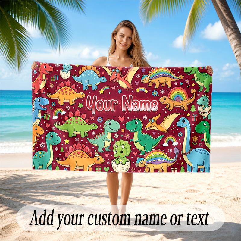 Dinosaur Theme Quick Dry Beach Towel Custom Name Text Print Large Sand Resistant Towel Beach Vacation