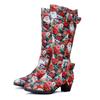Genuine Leather Long Boots Women Shoes Handmade Retro Printed Color Matching Lace Up Mid-calf Boots