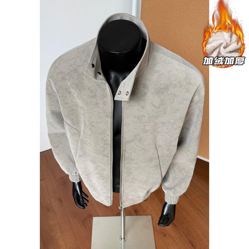 Mens Warm Fleece-Lined Oversized Cotton Jacket 2026 Loose Fit Stand Collar Zipper Front Gray Black M-5XL