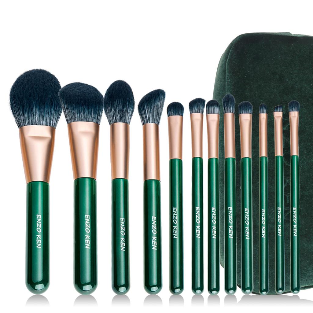 ENZO KEN Green Professional Makeup Brush Set with Travel Case Emerald Vegan Eye Shadow Brush Set Super Soft Hair Travel Cosmetic Brush Set of 12 with