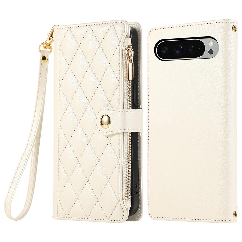 For Google Pixel 9 Pro XL Case Multi Card Slots Zipper Rhombus Leather Phone Cover with Wrist Strap
