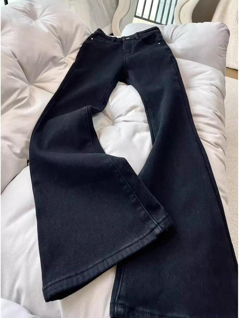 Женские расклешенные плюшевые джинсы с высокой талией - Осень/Зима 2024 - Эластичные брюки больших размеров, закрывающие бедра