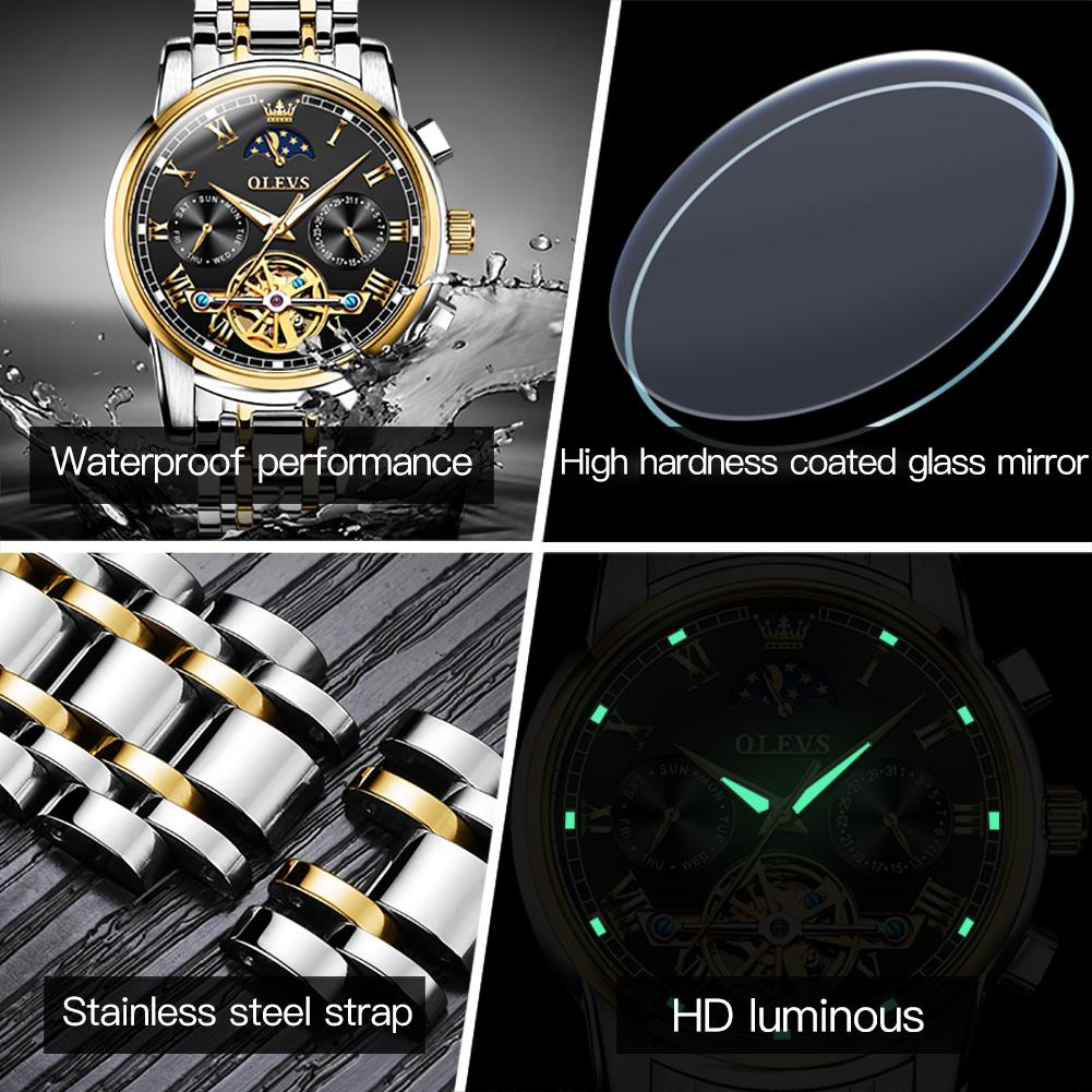 OLEVS 6617 Men's Watches Stainless Steel Luxury Top Brand Original Skeleton Tourbillon Automatic Mechanical Wristwatches for Men