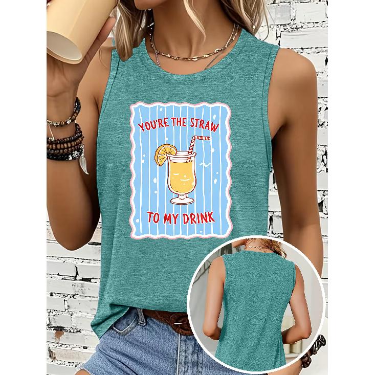 Women's sleeveless vest T Shirt Drink straw blue striped letter print casual crew neck top Soft, skin-friendly, breathable, comfortable, machine