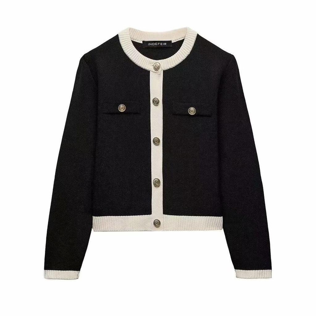 Женский однобортный вязаный кардиган с круглым вырезом в европейском и американском стиле - модный универсальный дизайн, модель #1822106